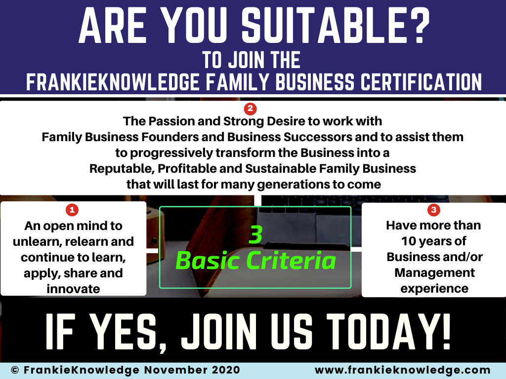 The 3 Key Qualifying Criteria to be A CERTIFIED CONSULTANT and COACH of FRANKIEKNOWLEDGE